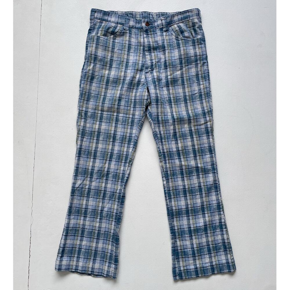Vintage 70’s Blue Plaid Men’s Pants Flared / 36" / Retro Casual Scovill Zipper